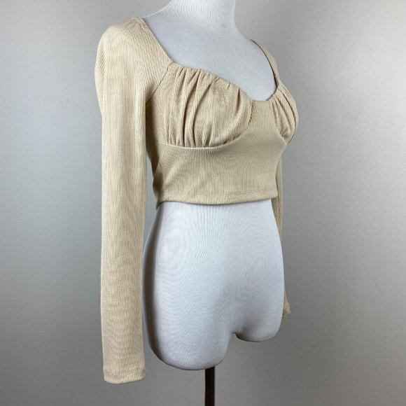 Princess Polly Crop Top 6 Beige Ribbed Knit Sweetheart Ruched Long Sleeve - Picture 3 of 10